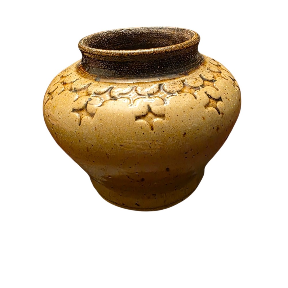 Handmade  Pottery Vase Beige & Brown  4"‎